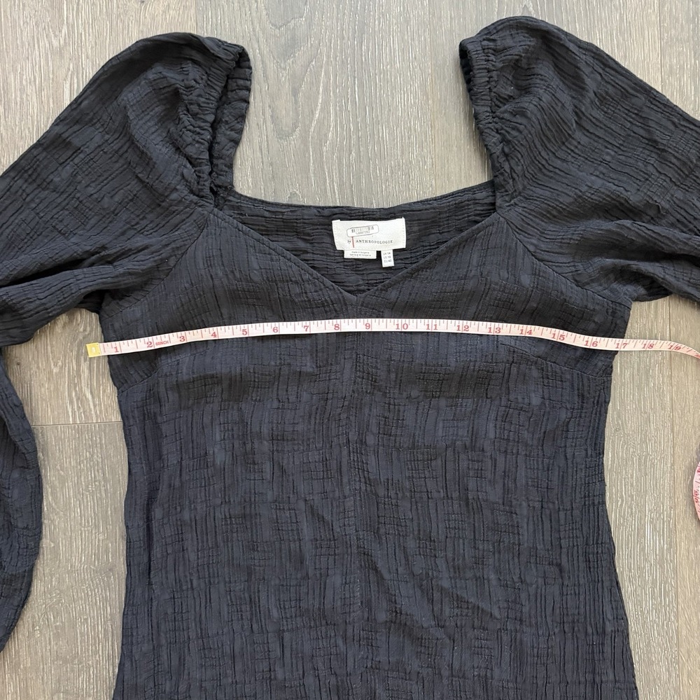 Anthropologie Textured Puff Sleeve Black Midi Dress Sz 10 Goth Grunge Peasant - Picture 6 of 9